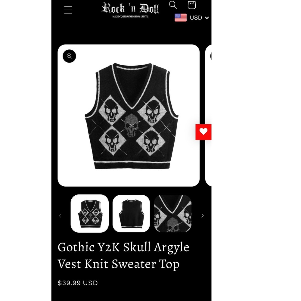 Rock n Doll Skull Argyle Cropped Sweater Vest Small Black Gothic Y2K Knit Top - Picture 5 of 7